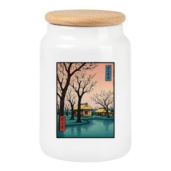 Traditional Japanese cherry blossoms - Cookie Jar with Wooden Lid - white - Front
