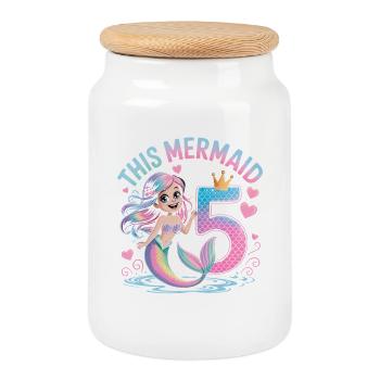 5e anniversaire de la Sirène 5 ans - Boîte à biscuits avec couvercle en bois - blanc - Devant