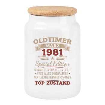 Cadeau du 45e anniversaire : Mari Voiture ancienne Mars 1981 - Boîte à biscuits avec couvercle en bois - blanc - Devant