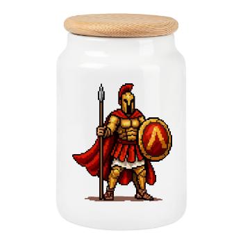Spartan Warrior Pixel Art - Cookie Jar with Wooden Lid - white - Front