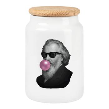 Un gentleman gris avec du chewing-gum rose - Boîte à biscuits avec couvercle en bois - blanc - Devant
