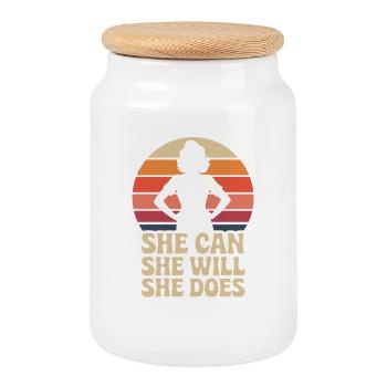  She Can She Will She Does Frauenpower Feminismus - Keksdose mit Holzdeckel - Weiß - Vorne