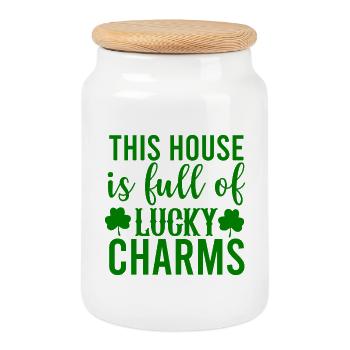 Cette maison est pleine de porte-bonheur - Boîte à biscuits avec couvercle en bois - blanc - Devant