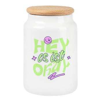 Hey, es ist okay – Retro Motivation Spruch - Keksdose mit Holzdeckel - Weiß - Vorne