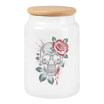 Rose on the skull: gloomy vintage tattoo style - Cookie Jar with Wooden Lid - white - Front