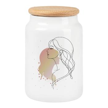 Illustration d’illustration au trait de portrait féminin - Boîte à biscuits avec couvercle en bois - blanc - Devant