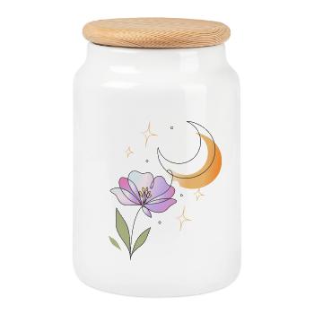 Flower with Moon Line Art Illustration - Cookie Jar with Wooden Lid - white - Front