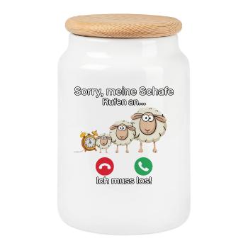 Sorry, my sheep are calling - Cookie Jar with Wooden Lid - white - Front