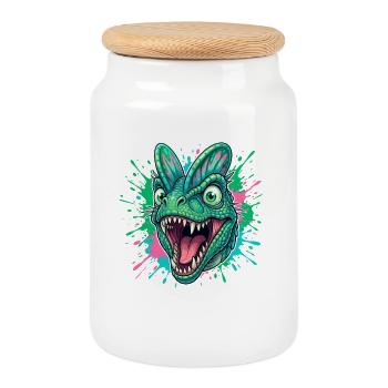 Grüner Dinokopf mit Neon Splash - Keksdose mit Holzdeckel - Weiß - Vorne