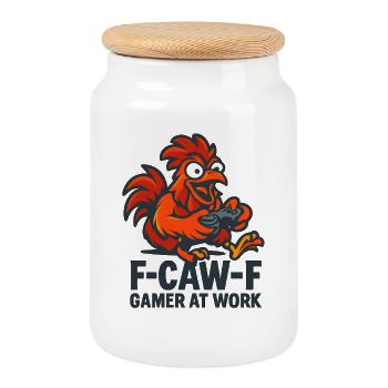 F-Caw-F Gamer At Work Gaming Rooster Humor Funny - Cookie Jar with Wooden Lid - white - Front