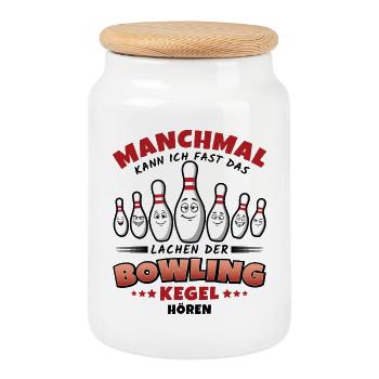 Bowling Lustiger Spruch – Lachende Kegel - Keksdose mit Holzdeckel - Weiß - Vorne