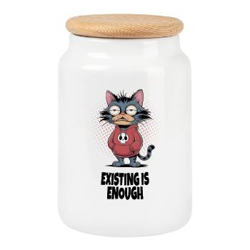 Exister suffit chat – Humour drôle de chat - Boîte à biscuits avec couvercle en bois - blanc - Devant
