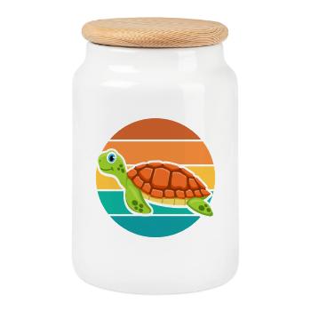 Cute Sea Turtle Retro Sunset Ocean Graphic - Cookie Jar with Wooden Lid - white - Front