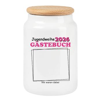 Jugendweihe 2026 Gästebuch für Jugendliche Mädchen - Keksdose mit Holzdeckel - Weiß - Vorne