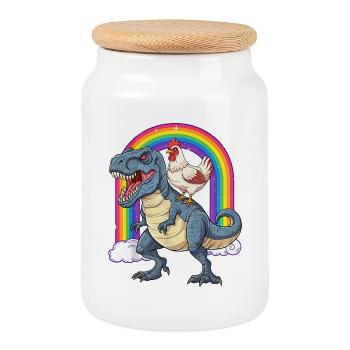 Huhn Reitender T-Rex Dinosaurier Regenbogen - Keksdose mit Holzdeckel - Weiß - Vorne