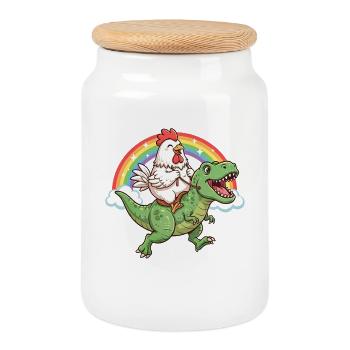 Dinosaure Arc-en-ciel à chevauchage de poulet T-Rex - Boîte à biscuits avec couvercle en bois - blanc - Devant