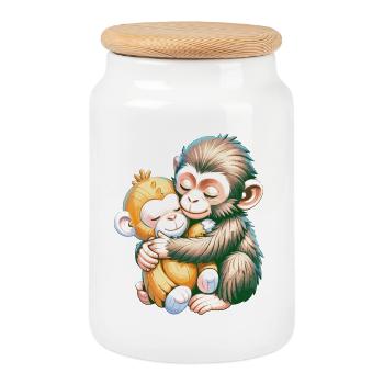 Hugging Monkeys Embrace - Cookie Jar with Wooden Lid - white - Front