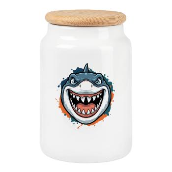 Grinning Shark Cartoon - Cookie Jar with Wooden Lid - white - Front