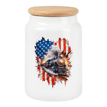 Dampfzug Patriotismus mit US Flagge - Keksdose mit Holzdeckel - Weiß - Vorne