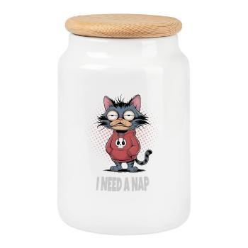I Need A Nap Müde Katze  - Keksdose mit Holzdeckel - Weiß - Vorne