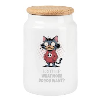 I Got Up Katze – Lustiger Katzen Spruch - Keksdose mit Holzdeckel - Weiß - Vorne