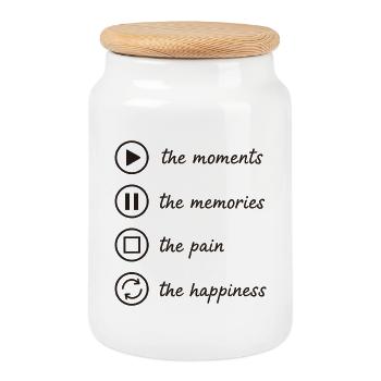 Mindfulness, Moments, Memories, Happiness - Cookie Jar with Wooden Lid - white - Front