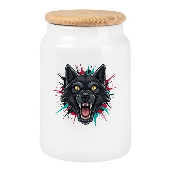 Neon Wolfhead Paint Splash - Cookie Jar with Wooden Lid - white - Front