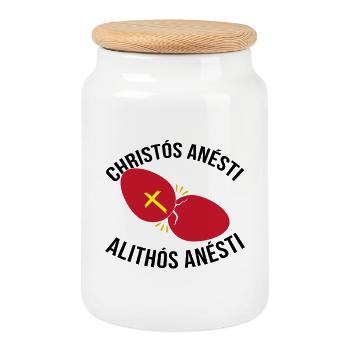 Greek Easter Christos Anesti Alithos Anesti - Cookie Jar with Wooden Lid - white - Front