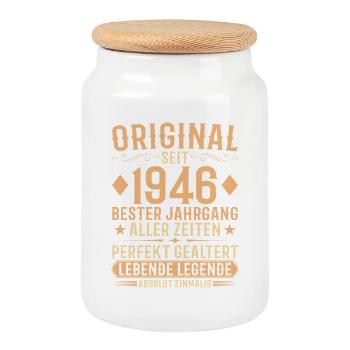 Original Jahrgang 1946 Baujahr Geburtstag - Keksdose mit Holzdeckel - Weiß - Vorne