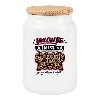Messy Mom Still A Good Mom Mothers Day Shirt - Cookie Jar with Wooden Lid - white - Front