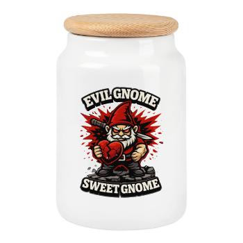 Evil Gnome, Dark Gnome, Goth Gnome, Funny Gnome - Cookie Jar with Wooden Lid - white - Front