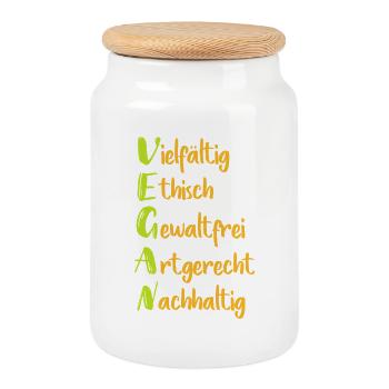 Vegane Werte: Vielfalt Ethik Nachhaltigkeit - Keksdose mit Holzdeckel - Weiß - Vorne