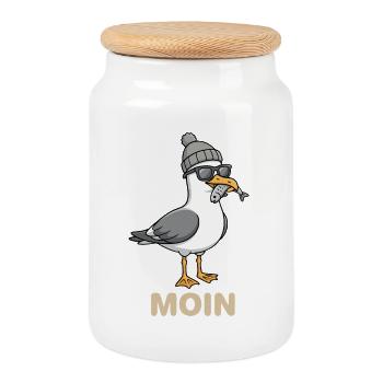 Mouette mouette de la lune avec casquette et poisson dans la bouche - Boîte à biscuits avec couvercle en bois - blanc - Devant