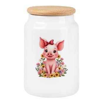 Cochon doux avec arc et fleurs Porcelet - Boîte à biscuits avec couvercle en bois - blanc - Devant