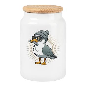 Mouette mouette de la lune avec casquette et poisson dans la bouche - Boîte à biscuits avec couvercle en bois - blanc - Devant
