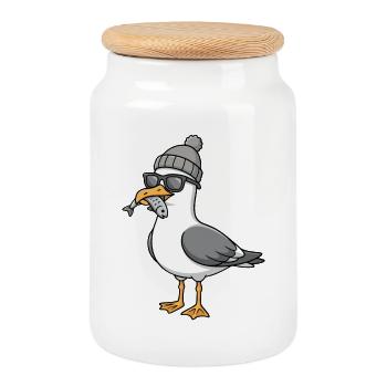 Mouette mouette de la lune avec casquette et poisson dans la bouche - Boîte à biscuits avec couvercle en bois - blanc - Devant
