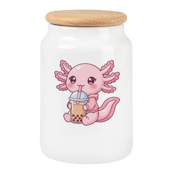 Kawaii Bubble Tea Pink Axolotl - Cookie Jar with Wooden Lid - white - Front