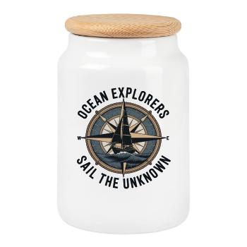 Explorateurs de l’océan – Boussole d’aventure à la voile - Boîte à biscuits avec couvercle en bois - blanc - Devant