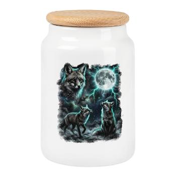 THREE Wild Foxes with Moon Wildlife Designs - Cookie Jar with Wooden Lid - white - Front
