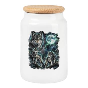 DREI Wilde Wölfe mit Mond Wildlife-Designs - Keksdose mit Holzdeckel - Weiß - Vorne