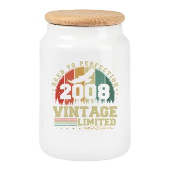 Vintage 2008 Vintage Retro Birthday Gift - Cookie Jar with Wooden Lid - white - Front