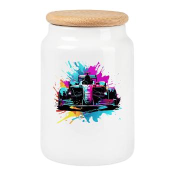 Voitures de course Voitures colorées avec des illustrations de plafond - Boîte à biscuits avec couvercle en bois - blanc - Devant