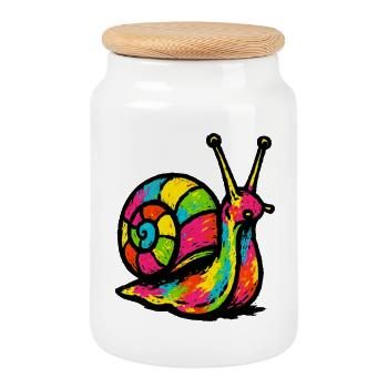 Regenbogenschnecke: Pop-Art-Schnecke - Keksdose mit Holzdeckel - Weiß - Vorne