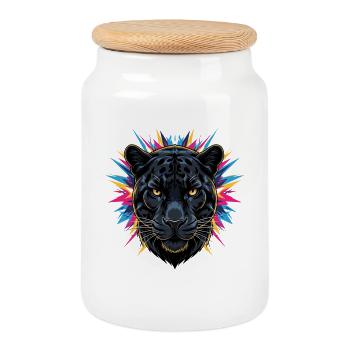 Neon Panther Head with Paint Splashes - Cookie Jar with Wooden Lid - white - Front