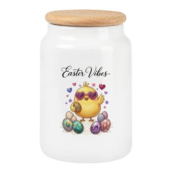Cute Cartoon Easter Chick with Pastel Eggs Heart - Cookie Jar with Wooden Lid - white - Front
