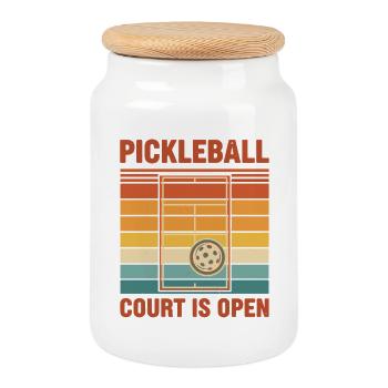 Pickleball Court Is Open Funny Player Pickle Ball - Cookie Jar with Wooden Lid - white - Front