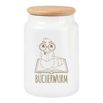 Bücherwurm liest Buch Logo - Keksdose mit Holzdeckel - Weiß - Vorne
