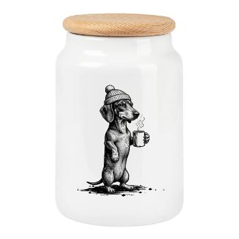 Vintage Dachshund with Coffee & Hat - Cookie Jar with Wooden Lid - white - Front