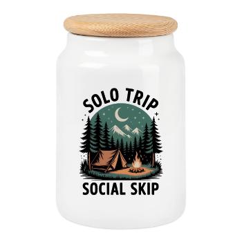 Solo instead of small talk | Camping Introvert - Cookie Jar with Wooden Lid - white - Front