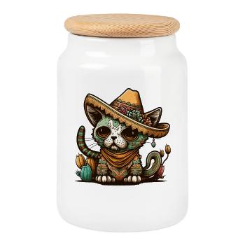 Mexican Cinco De Mayo Sugar Skull Sombrero Cat - Cookie Jar with Wooden Lid - white - Front